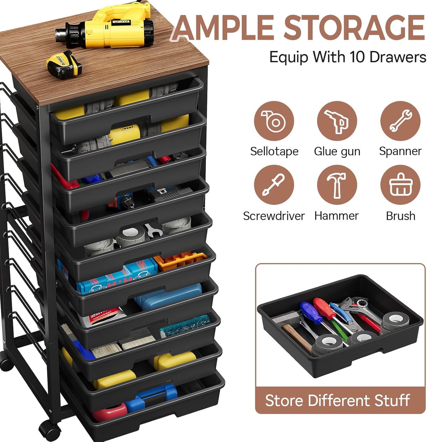 SYKIARIOL Rolling Storage Utility Cart with 6 Drawers and Wooden Tabletop for Under Desk Storage,White