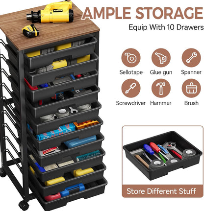 SYKIARIOL Rolling Storage Utility Cart with 6 Drawers and Wooden Tabletop for Under Desk Storage,White