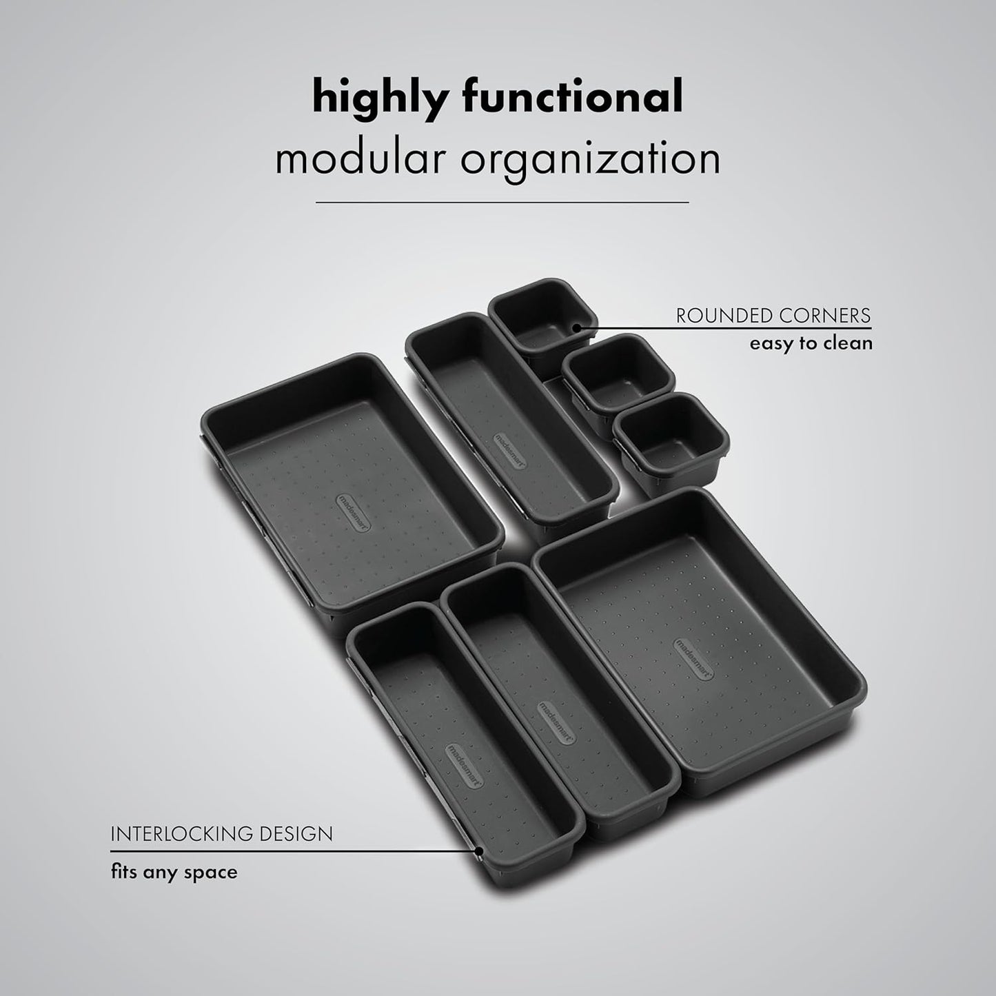 madesmart 8 Piece Interlocking Bin Pack, Customizable Drawer & Desk Organizer Set for Office, Kitchen, Bathroom & Tools, Durable Modular Storage Bins with Non-Slip Feet, Carbon