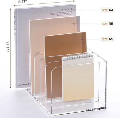 YUXUN Acrylic Magazine Holder,Clear Desk Organizer File Sorter for Notebook,Paper,Envelope,Magazine, Book Storage-Office/Home/Classroom Organization(4 Compartments,B5)