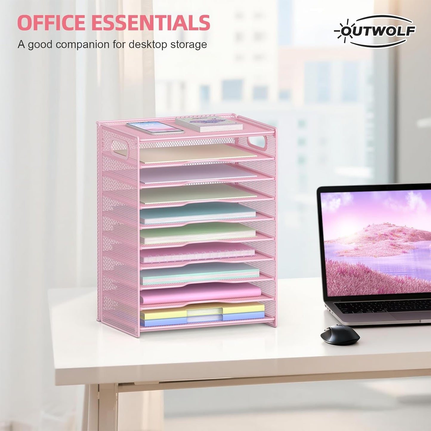 OUTWOLF 10 Tier Paper Organizer - Letter Tray Mesh Desk File Organizer with Handles for Office School Desktop, Black