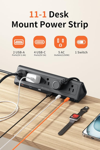 6.5 FT Desk Clamp Power Strip with 5 AC Outlets & 6 USB Ports PD 40W USB-C Fast Charging, 1250J Surge Protector, Fits 2.1 in top Edge Black