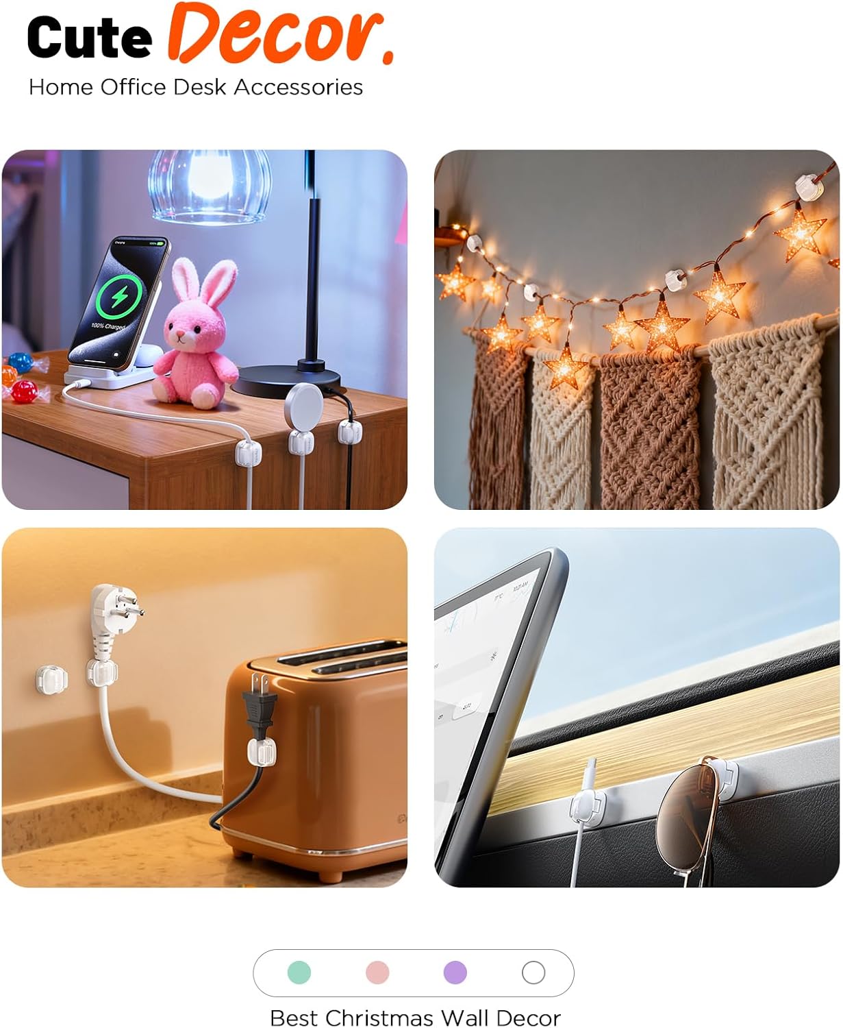 Cable Clips,8 Pack Cord Holder Cord Organizer [1s Lock & Strongest Adhesive] Spring Cord Clips Phone Charger Wire Desk Cable Management Nightstand Home Office School Decor Women Cute Desk Accessories