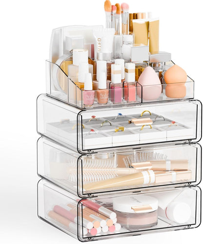 Yieach Clear Acrylic Makeup Organizers Countertop for Dresser,Desk,Bathroom Vanity,3 Tier Stackable Make up Holders and Makeup Cabinet,Tiered Cosmetic Storage and Make up Containers for Palette,Brush