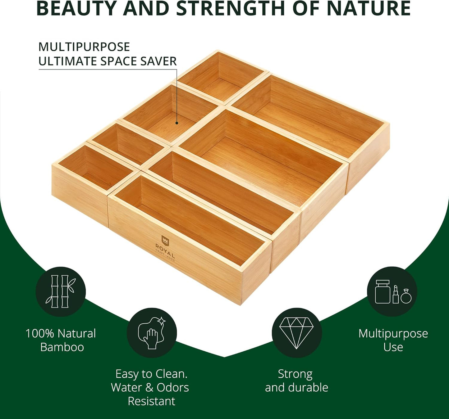 ROYAL CRAFT WOOD 5-Piece Bamboo Drawer Organizer Set – Multi-Use Storage Trays for Kitchen, Bathroom, Office, Makeup, Jewelry & More – Junk Drawer Tray, Utensil Holder, Storage Box & Bin Set (5 Boxes)