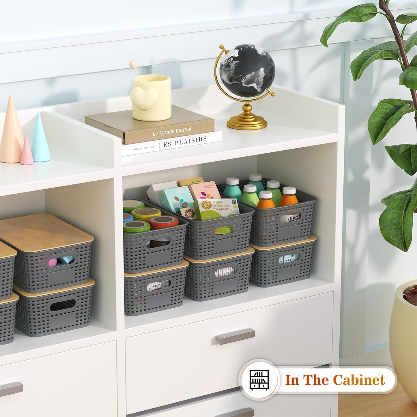 Ohmlove Plastic Storage Baskets With Bamboo Lid - Plastic Storage Containers Stackable Storage bins: Storage Baskets for Organizing Shelves Drawers Desktop Closet Playroom Classroom Office, 6 Pack