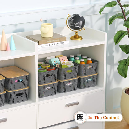 Ohmlove Plastic Storage Baskets With Bamboo Lid - Plastic Storage Containers Stackable Storage bins: Storage Baskets for Organizing Shelves Drawers Desktop Closet Playroom Classroom Office, 6 Pack