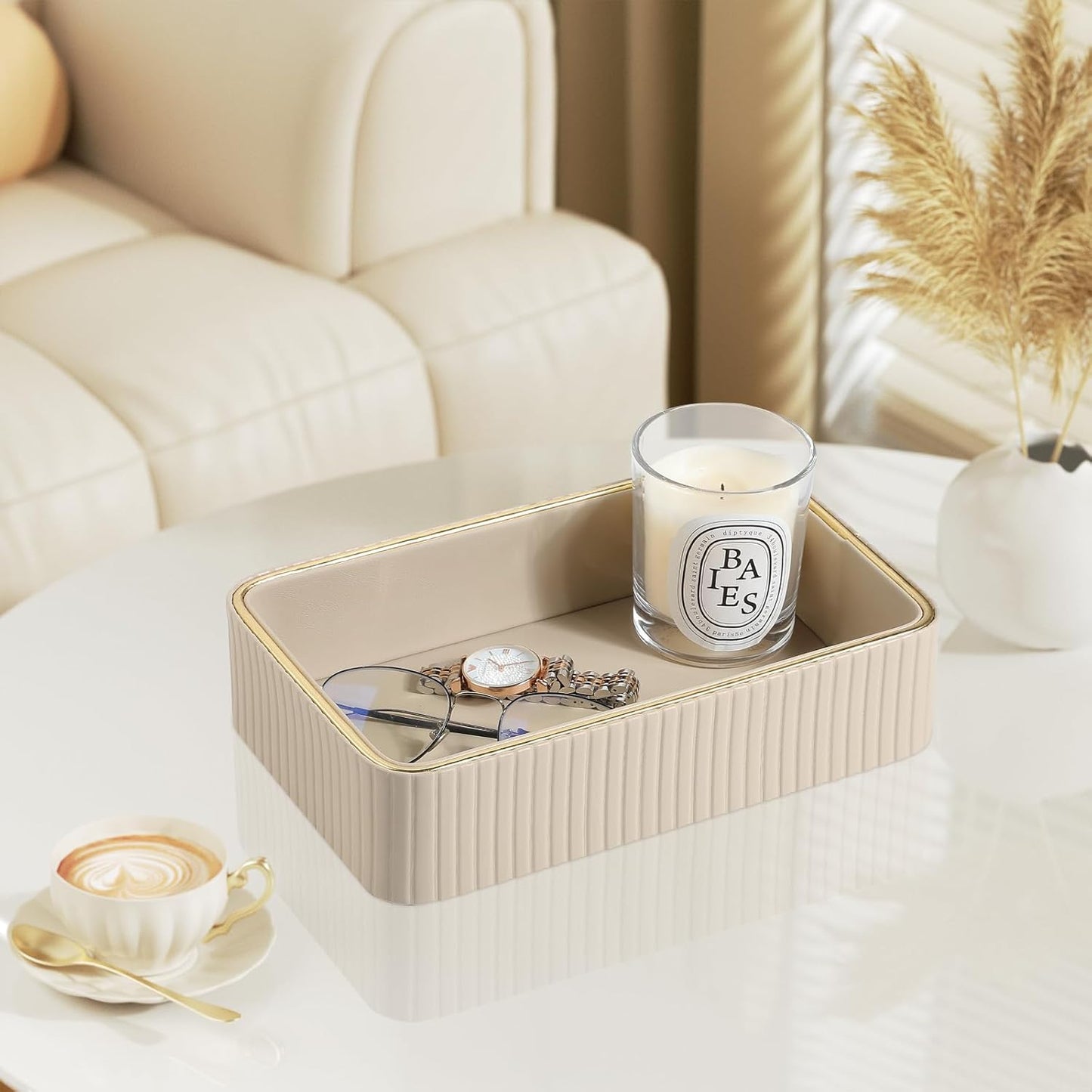 Desk Organizer Tray, PU Leather Nightstand Organizer Perfume Valet Tray for Men Women, Decorative Vanity Trays Trinket Dish Key Bowl for Entryway Table (2pcs, Ivory, Large+Small)
