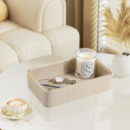 Desk Organizer Tray, PU Leather Nightstand Organizer Perfume Valet Tray for Men Women, Decorative Vanity Trays Trinket Dish Key Bowl for Entryway Table (2pcs, Ivory, Large+Small)