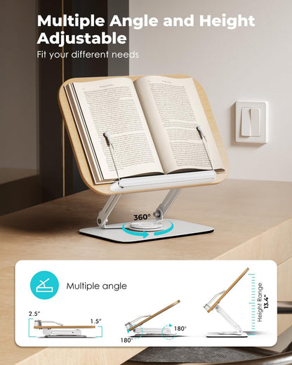 Viozon Book Stand for Reading,Book Holder, Height&Angle Adjustable, 360° Rotating Base, Foldable and Portable, Lightweight for Office, Kitchen, School Textbook, Recipe, Magazine,Kindle,Tablet DW
