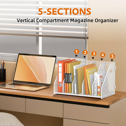 SUPEASY Binder Organizer, Magazine File Holder with 5 Vertical Compartments Rack, Metal Desk File Organizer & Binder Holders, Magazine Organizers for Office Desktop, Home, School, Classroom (Black)