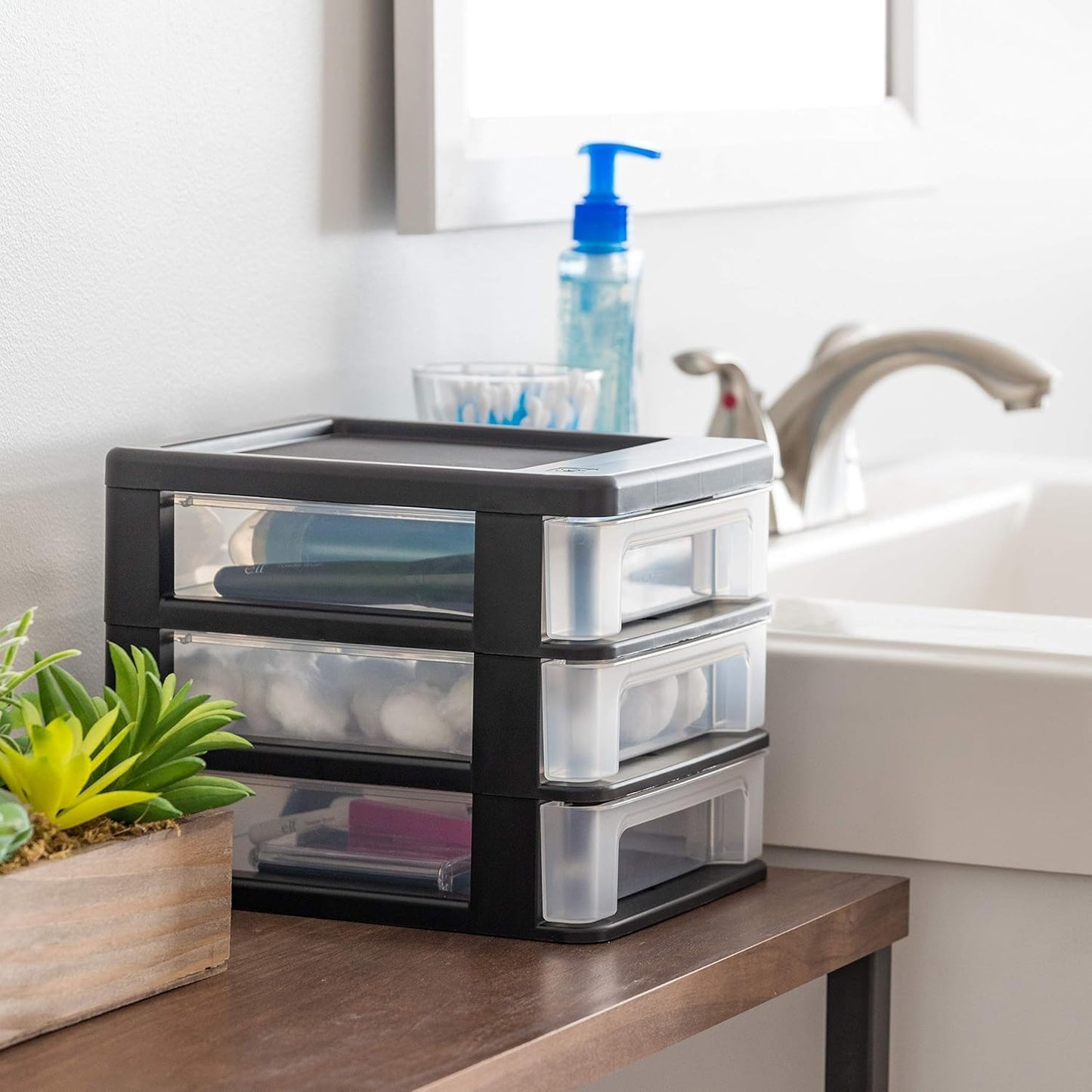 IRIS USA Plastic Stacking Desk Top 3-Drawer Storage Organizer, 2-Pack, for Makeup Vanity Nail Polish Bathroom Stationery Art Craft Supplies Kitchen Office Garage and Small Organization, Small, Black