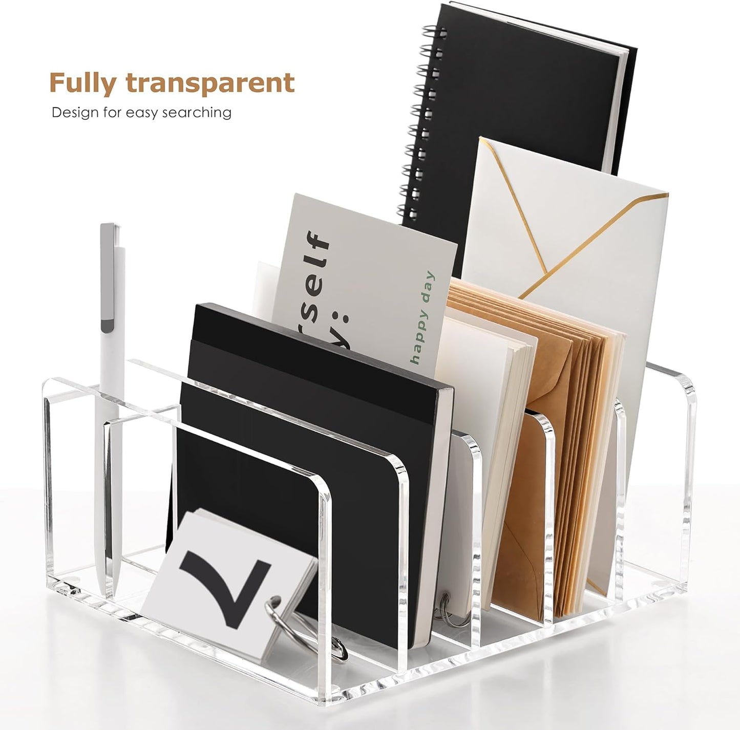 SANRUI 5 Compartments Acrylic Mail Sorter Holder, Clear Document Magazine Envelope File Rack, Vertical Letter Sorter & Multifunction Desk Organizer for Bills, Documents, Notebooks