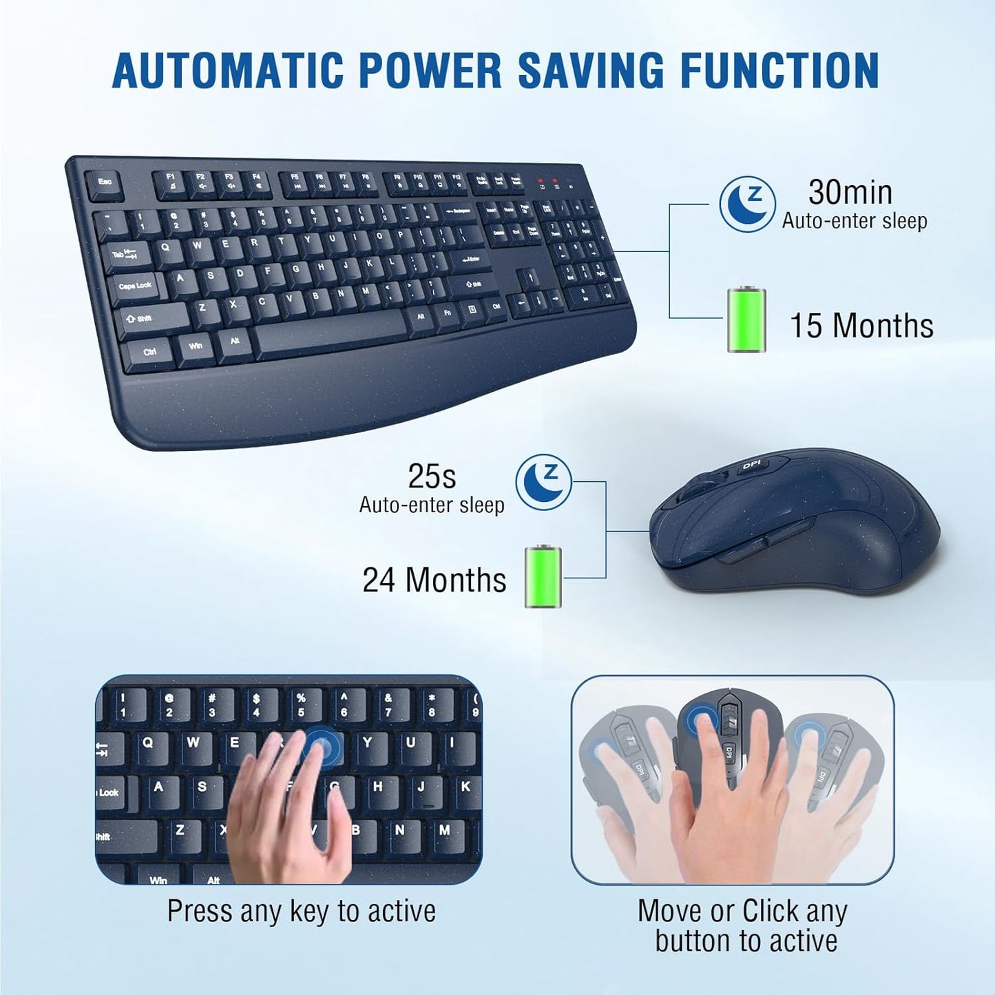 Wireless Keyboard and Mouse Combo, EDJO 2.4G Full-Sized Ergonomic Computer Keyboard with Wrist Rest and 3 Level DPI Adjustable Wireless Mouse for Windows, Mac OS Desktop/Laptop/PC
