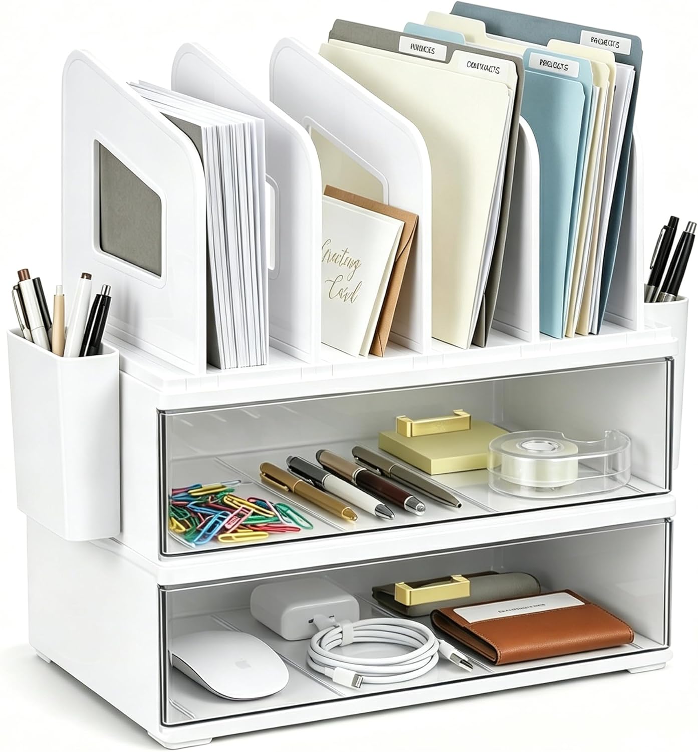 CiWiVOKi Desk Organizer with 2 Vertical File Holder, 4 Tier Stackable Paper Letter Tray File Organizer with 5-Compartments Pen Holder, Clear Desktop Organizer Office Organization and Storage