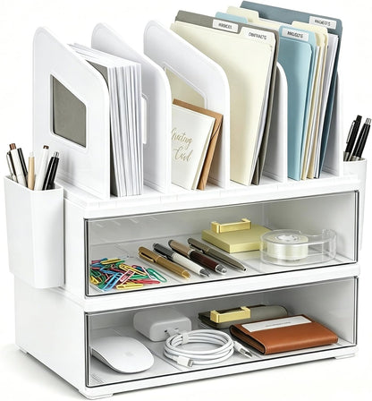 CiWiVOKi Desk Organizer with 2 Vertical File Holder, 4 Tier Stackable Paper Letter Tray File Organizer with 5-Compartments Pen Holder, Clear Desktop Organizer Office Organization and Storage