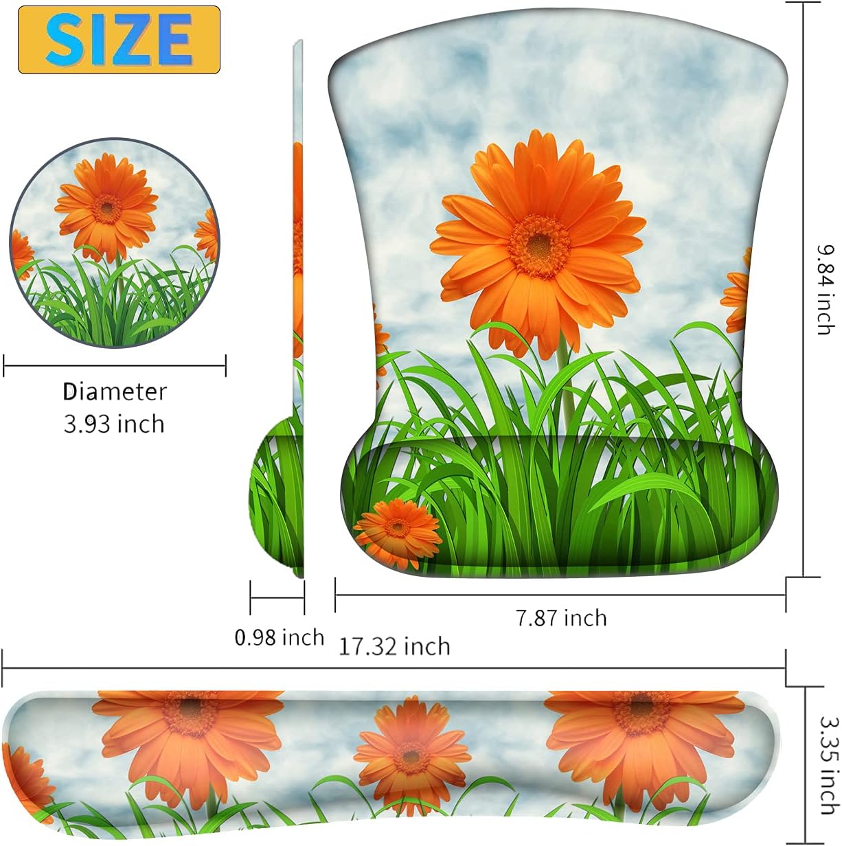 Ergonomically Upgraded Keyboard Wrist Rest and Comfortable Gel Mouse Pad Set, Non-Slip Rubber Base Cute Coaster, for Work, Game Home, Sunflower