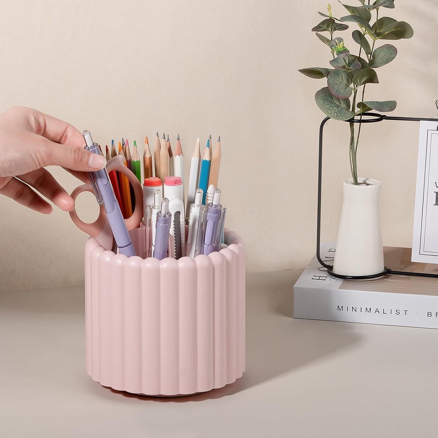 Anyoifax 360° Rotating Pen Holder 7 Slots Desk Organizer Removable Pencil Cup Plastic Art Supplies and Accessories Desktop Storage Box Caddy for Office, School, Home (White)