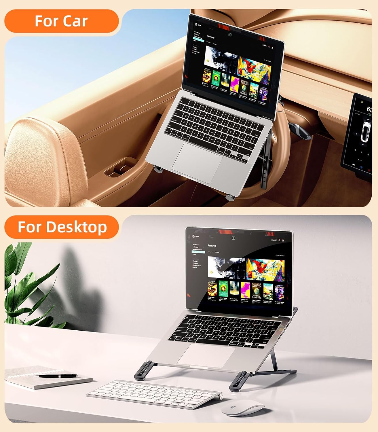 Car Laptop Mount Steering Wheel Tray Holder, Height Adjustable Car Desk for Laptop Computer Tablet, Foldable Portable Lap Laptop Stand for Car Vehicle Workstation Accessories Truck SUV Tesla