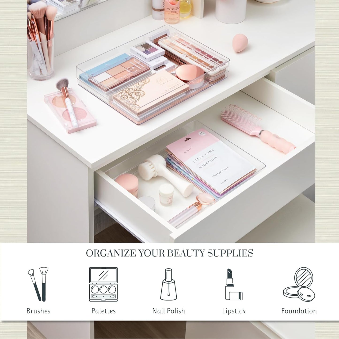 STORi SimpleSort 3-Piece Stackable Clear Drawer Organizer Set | 9" x 6" x 2" Rectangle Trays | Wide Makeup Vanity Storage Bins and Office Desk Drawer Dividers | Made in USA