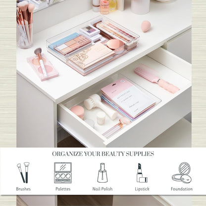 STORi SimpleSort 3-Piece Stackable Clear Drawer Organizer Set | 9" x 6" x 2" Rectangle Trays | Wide Makeup Vanity Storage Bins and Office Desk Drawer Dividers | Made in USA