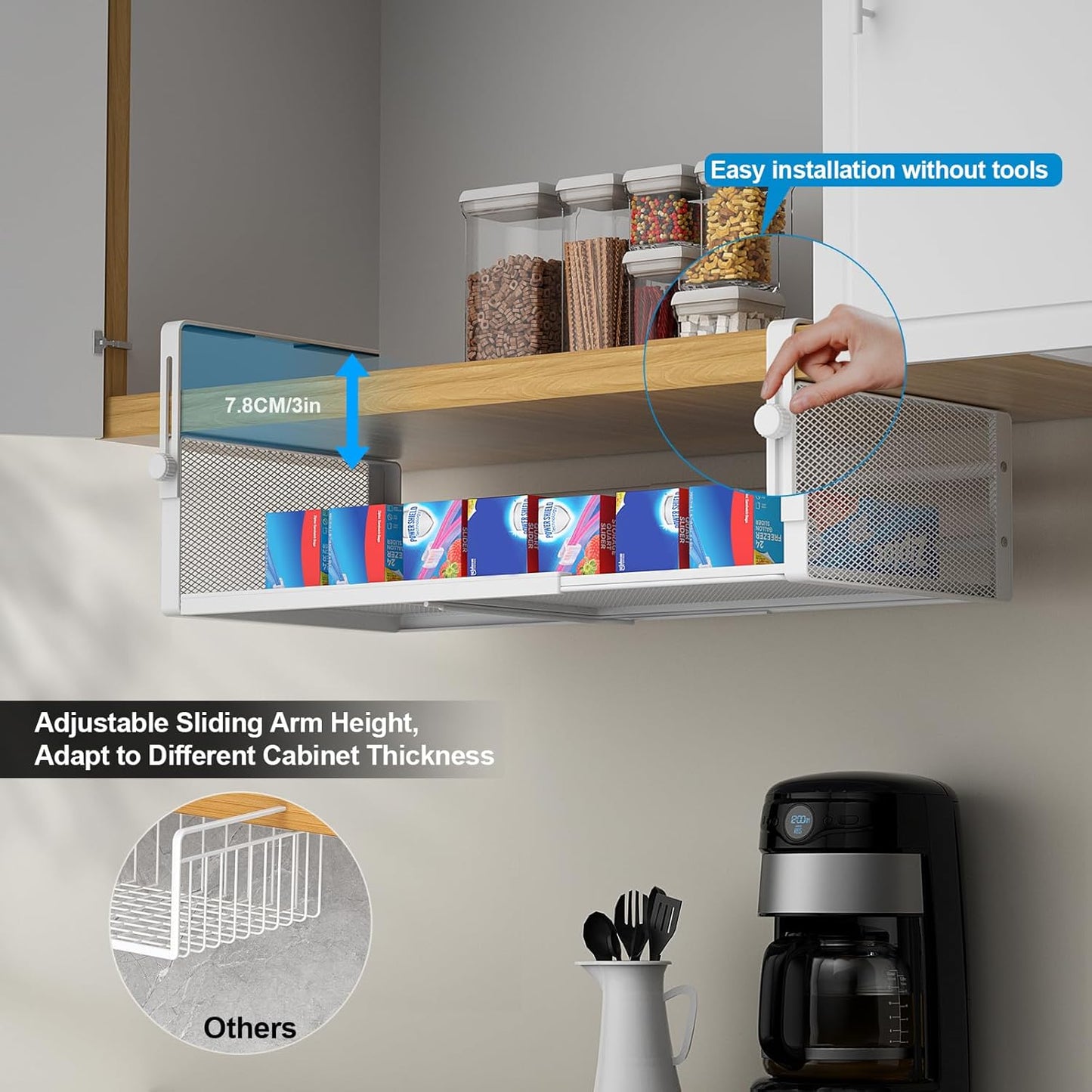 AmonHouseware 2Pack Under Shelf Basket, Adjustable Hanging Under Cabinet Shelf Storage, Hanging Holder Length Stretchable 14.9-22.6Inch for Kitchen Pantry Desk Counter Bookshelf Cupboard (Black)