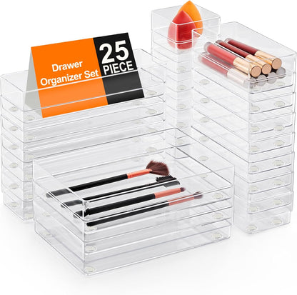 SMARTAKE 7-Piece Drawer Organizer with Non-Slip Silicone Pads, 4-Size Desk Drawer Organizer Trays Storage Tray for Makeup, Jewelries, Utensils in Bedroom Dresser, Office and Kitchen (Clear)