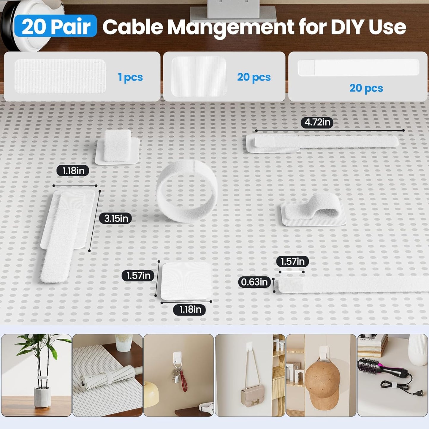 Cable Management Under Desk, 【Up to 15 Cord】【Enhanced Wire Holder】 Cord Organizer, Adjustable Hook and Loop Cable Ties, Home Office Essentials, Cable Hider Clips Under Table, 20 Pair