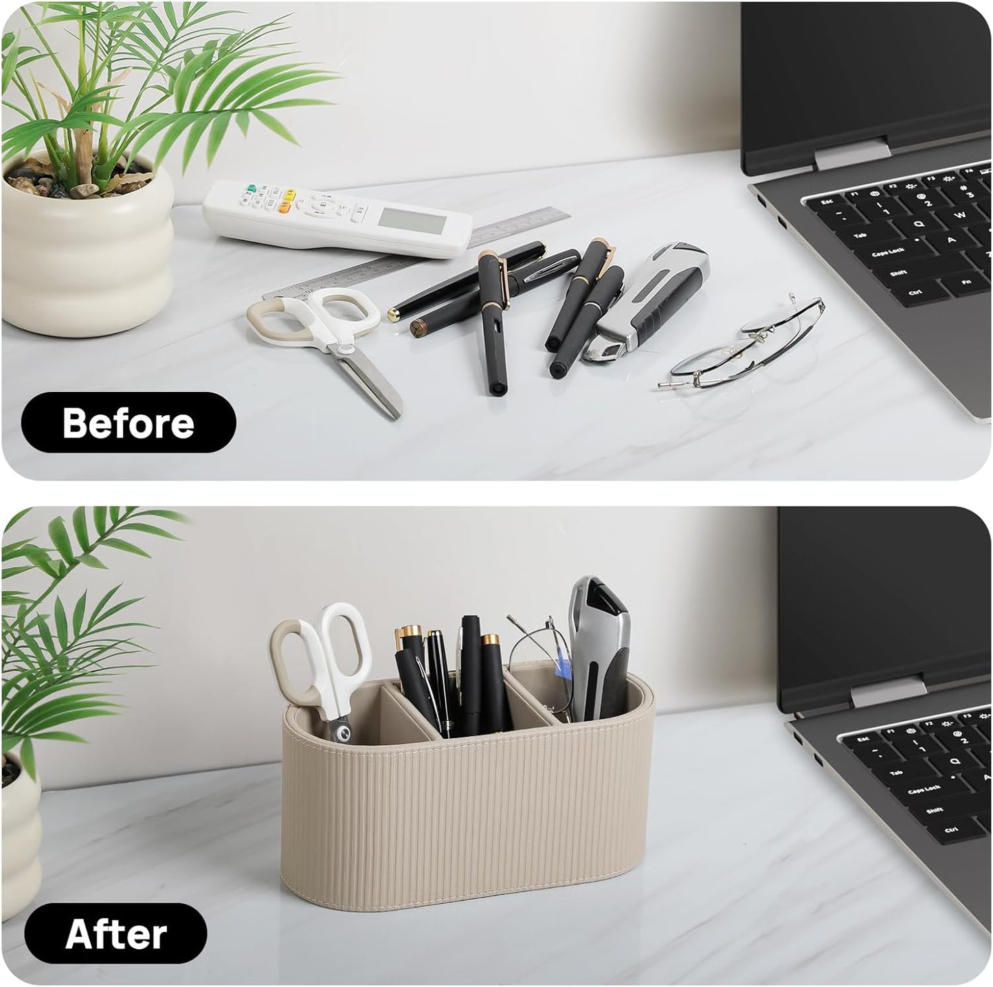 Aesthetic Remote Control Holder, PU Leather Pen Holder for Desk with 3 Compartments for Home Office Supplies and Accessories, Stylish Bedside Remote Holder Nightstand Desktop Organizer (Beige)