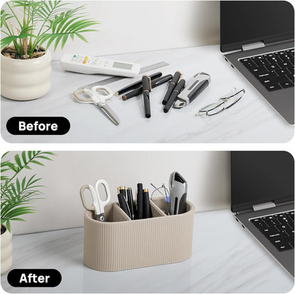 Aesthetic Remote Control Holder, PU Leather Pen Holder for Desk with 3 Compartments for Home Office Supplies and Accessories, Stylish Bedside Remote Holder Nightstand Desktop Organizer (Beige)