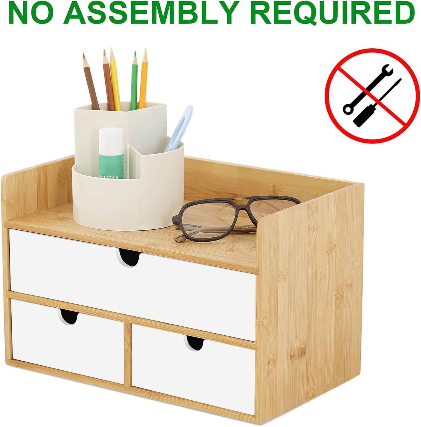 Desk Organizer with Drawers - Bamboo Desktop Organizer Storage | Wood Desk Drawers Organizer for Bills, Office Supplies, Cosmetics, Seals No Assembly Required (3 Drawer with Big Drawer)