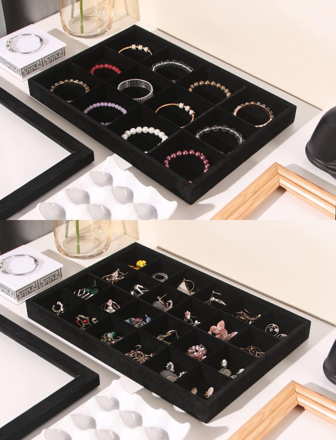 Coward Stackable Jewelry Trays Organizer Set with Clear Lid, Trays for Drawer, Earring Necklace Bracelet Ring Display Organizer (beige(ring+12girds+30girds+The glass lid))