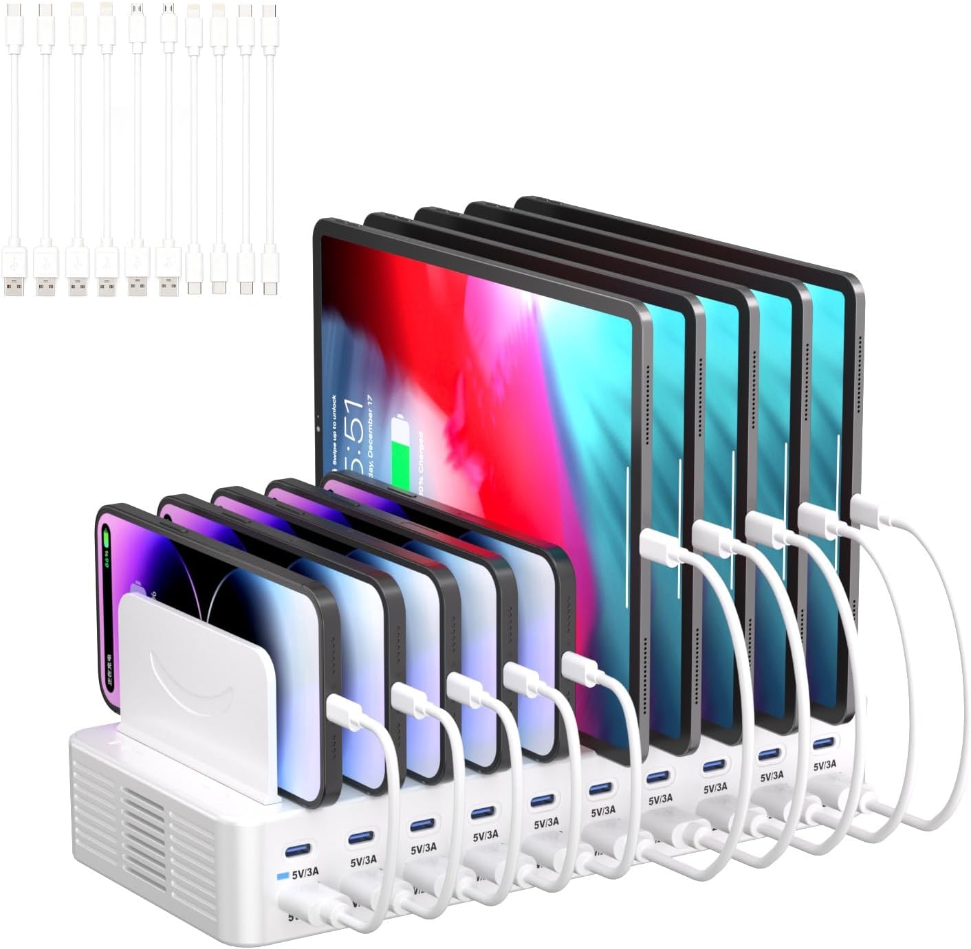 270W Charging Station for Multiple Devices, 20-Port USB Fast Charging Station with Adjustable Dividers & 10 Cables, Multi Device Organizer Charging Dock for iPhone, iPad, Tablets & More(Black)