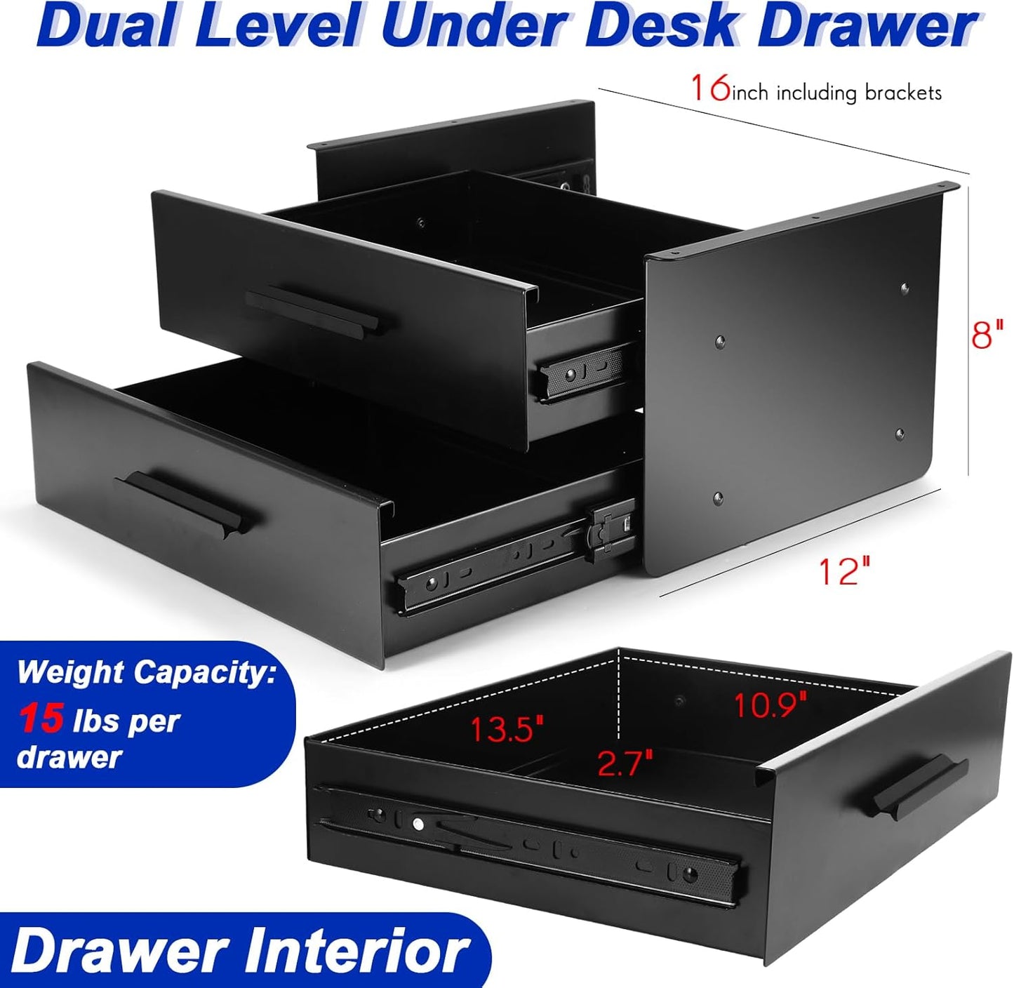 Menkxi 16 inch Under Desk Drawer Storage Pull out Storage Organizer Mounted Metal Sliding Hidden Under Counter Drawer Vertically Stacked for Office Sit Stand Workstation (Black,2 Layer)