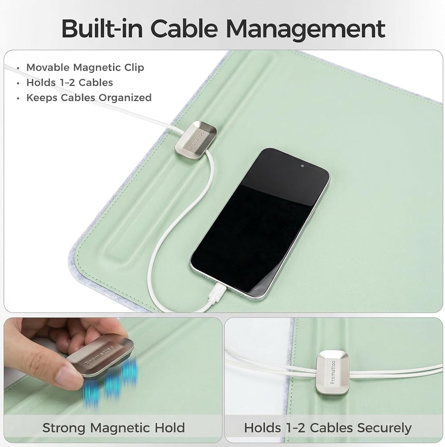 Desk Mat – Double-Sided Vegan Leather & Felt | Built-In Magnetic Cable Organizer & File Storage | Premium Workspace Pad for Office, Gaming & Creative Professionals-（Green）