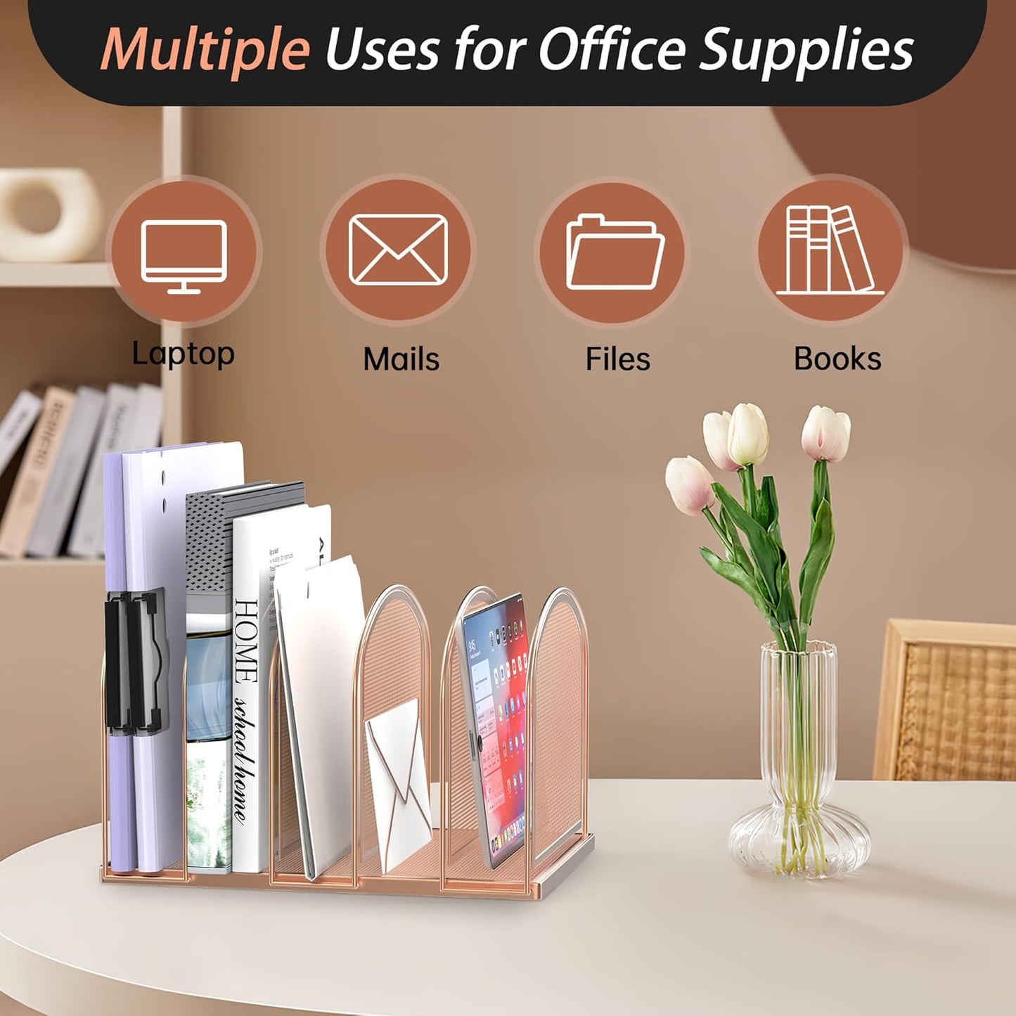 SUPEASY File Organizer for Desk, 5-Section Mesh Desk Organizer, Vertical File Holder Desktop Organizer File Sorter, File Folder Holder for Office Supplies, Black