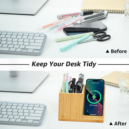OhM-ega Bamboo Desk Organizer with Wireless Charing, Home Office Organizers for Desk, Wireless Charging Station with Pen Holder, 10W Fast Wireless Charging, Compatible with iPhone and Pixel