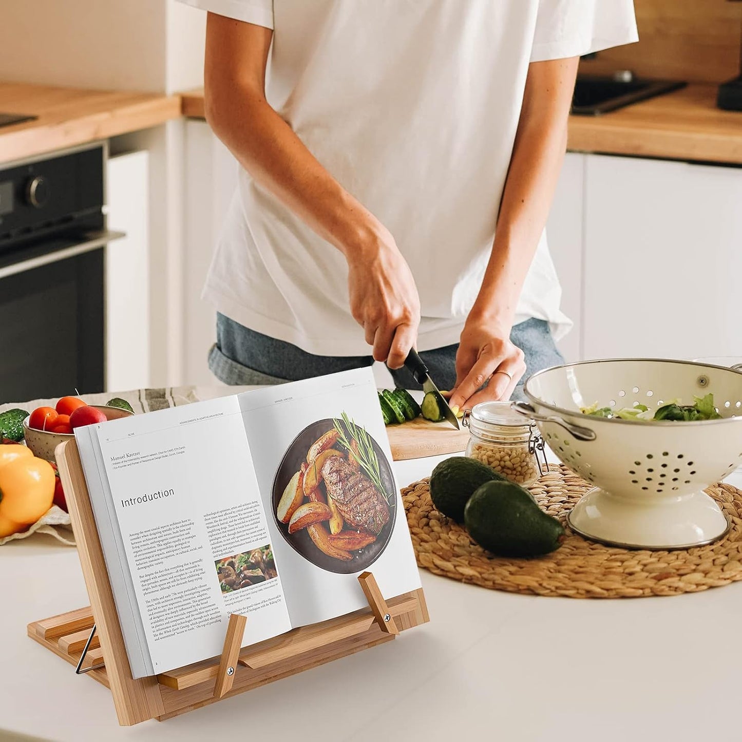 Wooden Desktop Book Stands, Adjustable Book Stand for Reading, Pezin & Hulin Cook Book Holder Seat, Bamboo Foldable Riser for Tablet, Recipe, Laptop with Page Clips