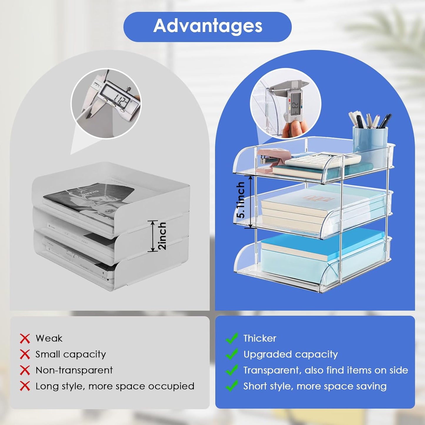 Clear Stackable Paper Trays 4 Pack, PET Letter Tray Desk Organizer, Desktop Organizers and Storage for Books, Magazines, Folders, A4 Size File Paper, Office Supplies