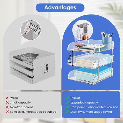 Clear Stackable Paper Trays 4 Pack, PET Letter Tray Desk Organizer, Desktop Organizers and Storage for Books, Magazines, Folders, A4 Size File Paper, Office Supplies