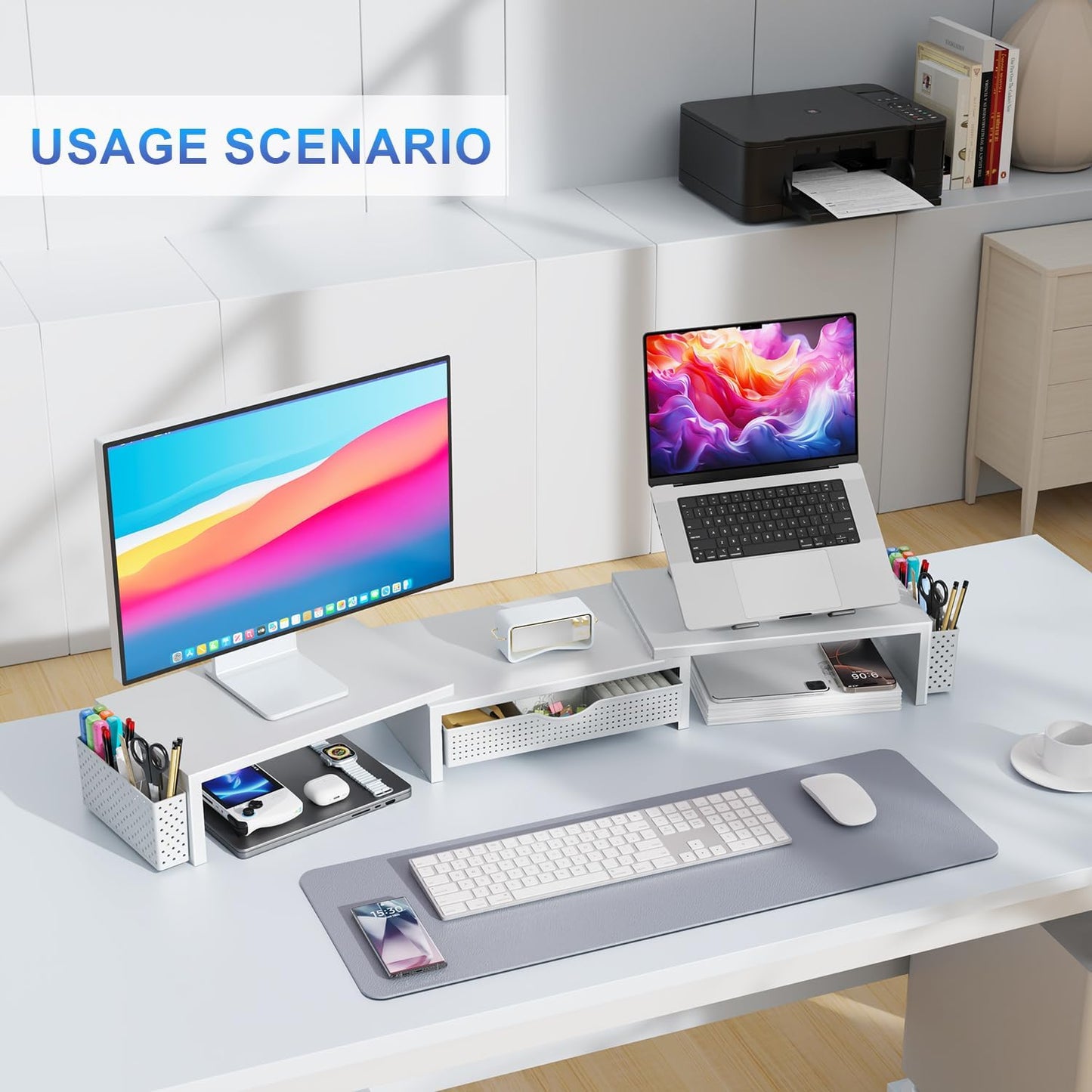gianotter Dual Monitor Stand Riser, Desk Organizer With Drawer and 2 Pen Holders, Computer Monitor Stand, Shelf for Top of Desk, Black