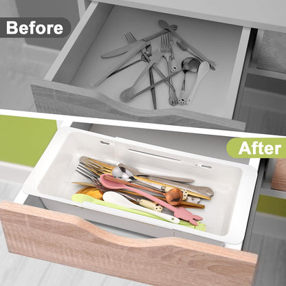 Booson 2 PCS Deep Drawer Organizer Bin Adjustable Sliding Drawer Organizers Expandable Kitchen Organizer Trays for Home Office Makeup Storage Tools