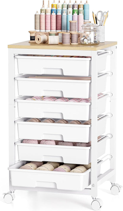 SYKIARIOL Rolling Storage Utility Cart with 6 Drawers and Wooden Tabletop for Under Desk Storage,White