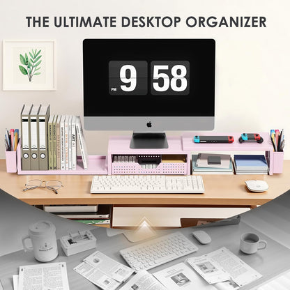 OPNICE Clear Acrylic Desk Organizers and Accessories, Dual Monitor Stand Riser with Drawer, Desk Shelf Computer Racks for Office Workspace Organizers, Desktop Organization (Transparent)