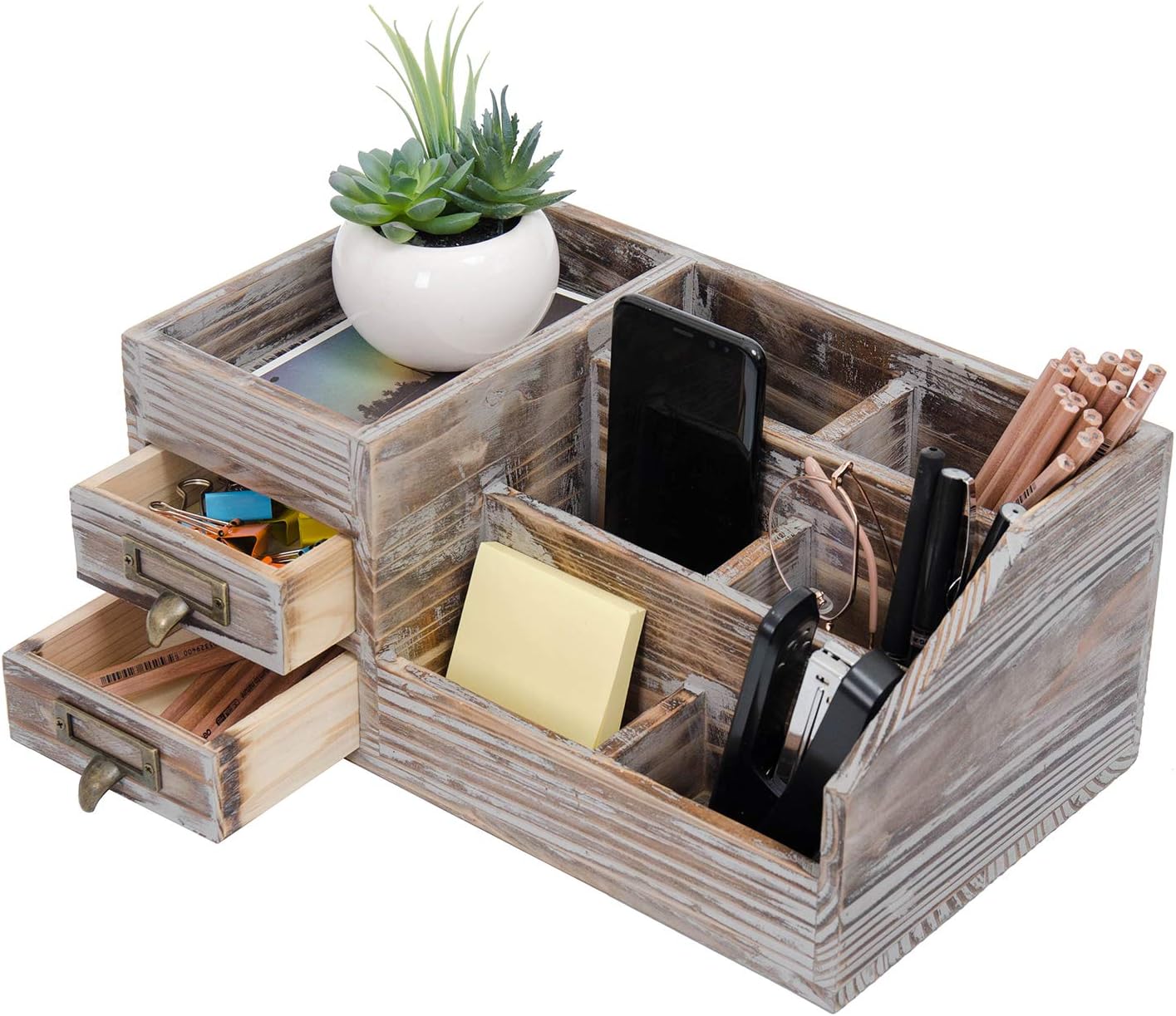 Liry Products Rustic Wooden Desktop Organizer Office Supplies Brown Tabletop Storage Cabinet Stepped Rack Multiple Compartments 2 Tier Drawers Makeup Accessory Jewelry Sorter Display Box Home Office