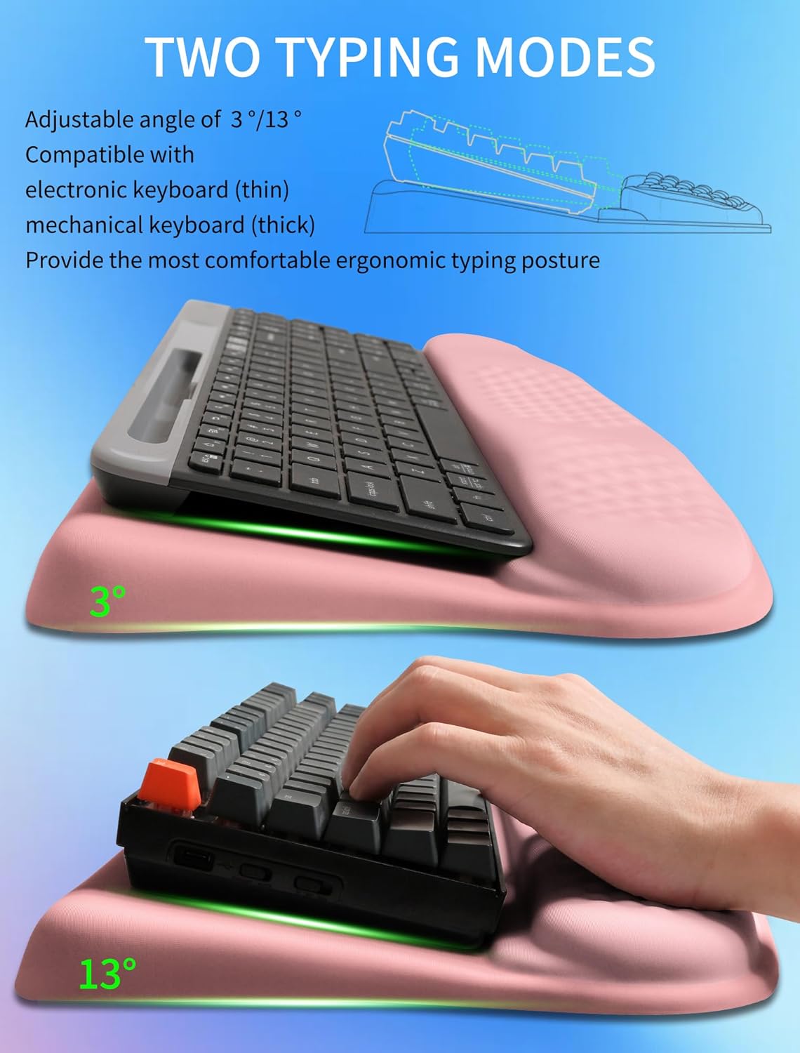 Ergonomic Wave Wrist Rest with Keyboard Stand, Cushioned Palm Rest, Comfortable Integrated Memory Foam for Natural Typing and Relieve Wrist Pain, Dark Night Black