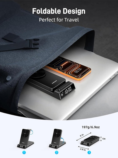3 in 1 Charging Station for Apple, ELECDOV Magnetic Charger for iPhone, Foldable Wireless Charger with Clock, Travel Watch Charger Stand for iPhone 17/Air/16/15 Series, iWatch 10/AirPods 4 (Grey)