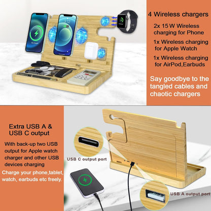 Wood Phone Docking Station Nightstand Organizer for Men 27W 2 Phone Wireless Charging Station with 4 Wireless Charger Stand for iPhone Apple Watch AirPod Mens Birthday Gift Ideas Key Holder
