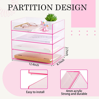 Harloon 4 Tier Paper Organizer Letter Tray Acrylic Desk File Organizer Heavy Duty Stackable Documents Clear Letter Paper Holder Sorter Office Tray for A4, Office Classroom Home File Pad Notebooks