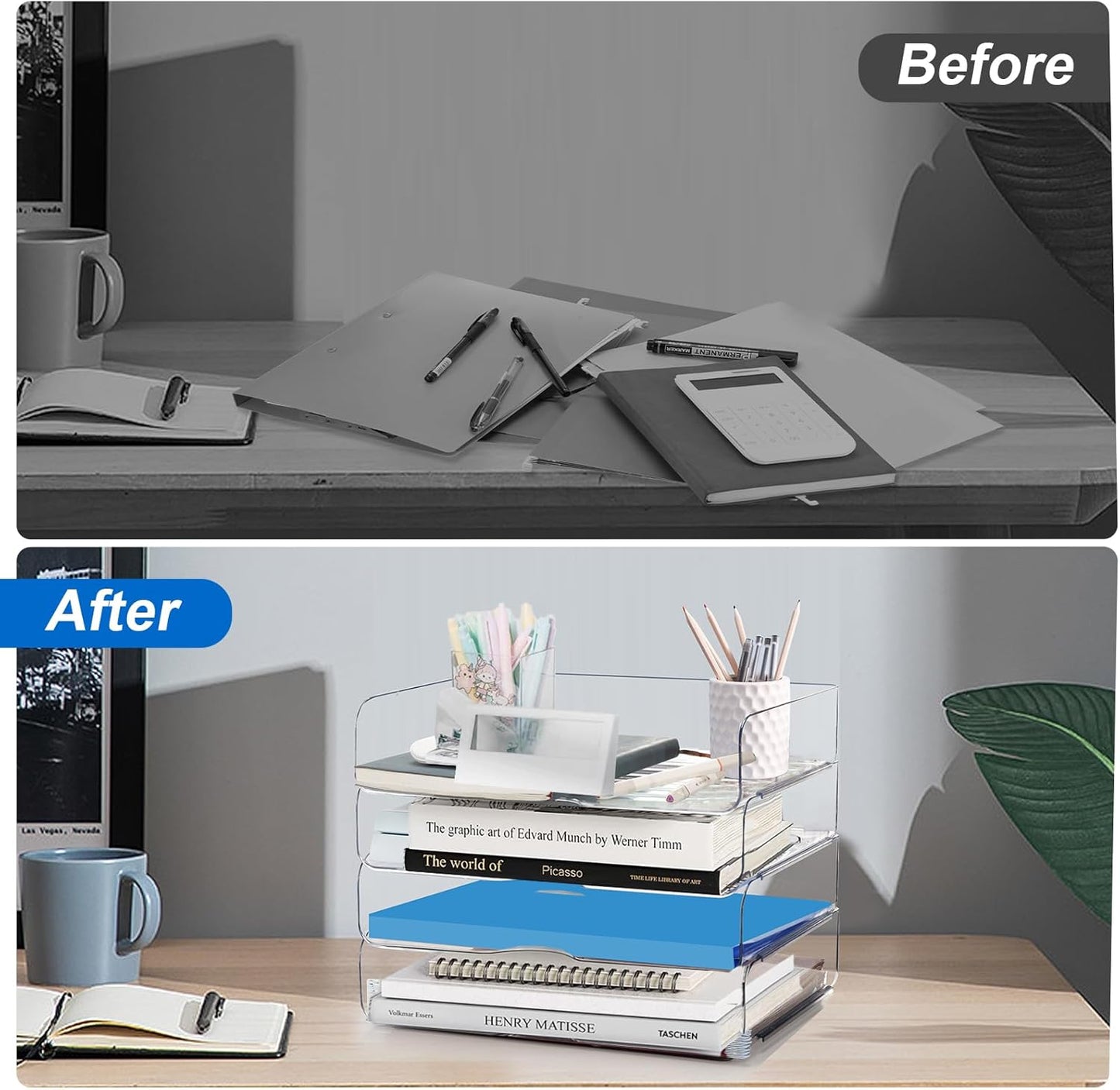 Desk Organizer and Storage,3-Tier File Paper Tray Organizers,Stackable Clear Desktop Organizer for Documents,Book Magazine Storage,Office Supplies (Clear,3 Pack)